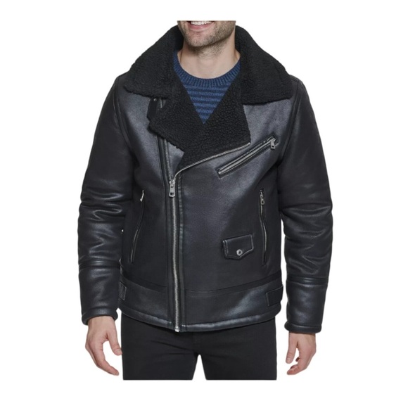 Calvin Klein Black Faux Shearling Motorcycle Jacket NWT Size M